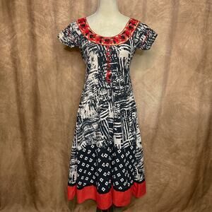 Vintage 90s SR Short Sleeve Geometric Paisley Patchwork Midi Dress Boho Peasant